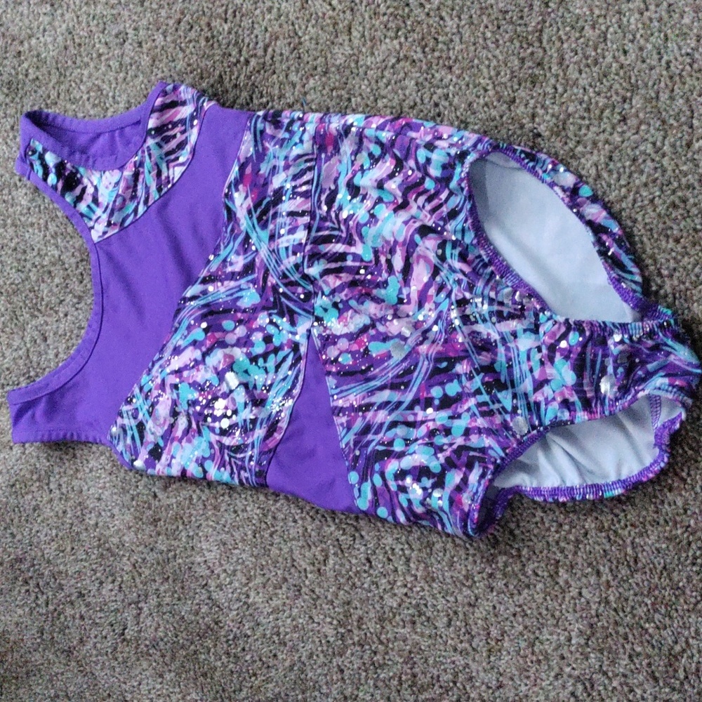 Purple,blue,silver, and pink splattered leotard